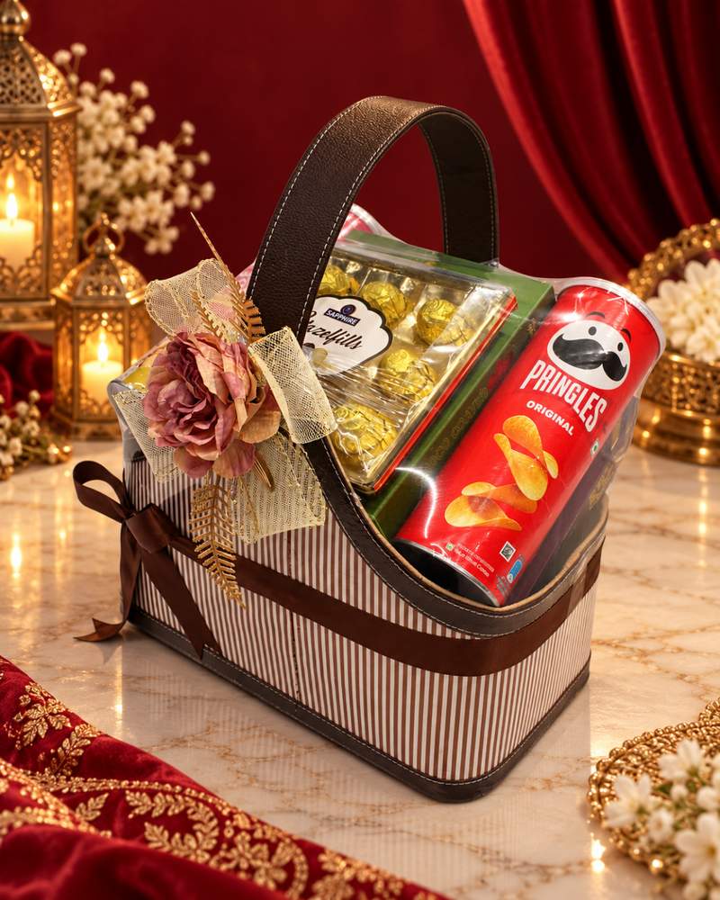 Leather Handle Basket (Brown Stripe), photo 3