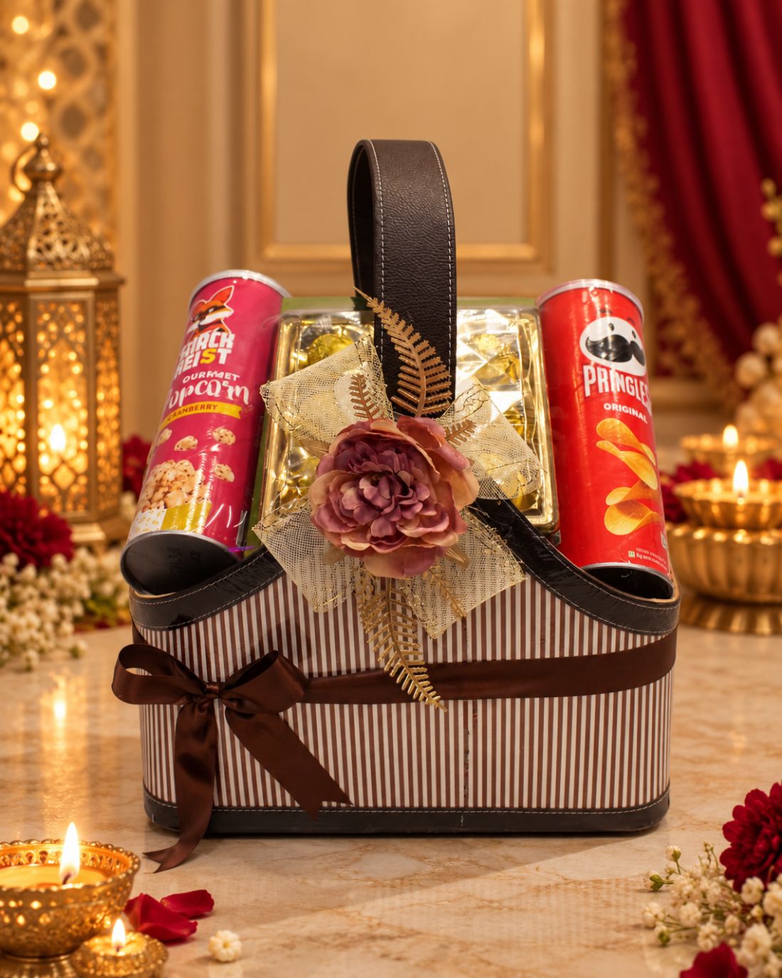 A striped leather handle basket with popcorn, Pringles and Hazelfils, finished with a brown satin bow